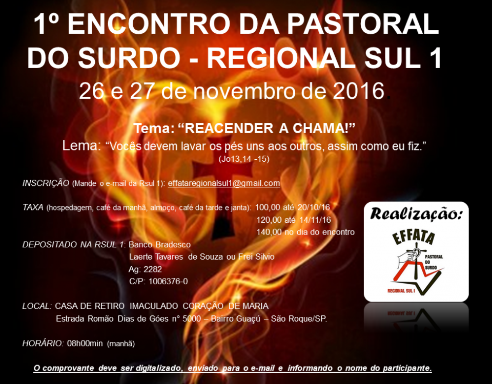 Cartaz com as informações sobre o 1º Encontro Regional da Pastoral do Surdo Sul 1 : 26 e 27 de novembro em SP.