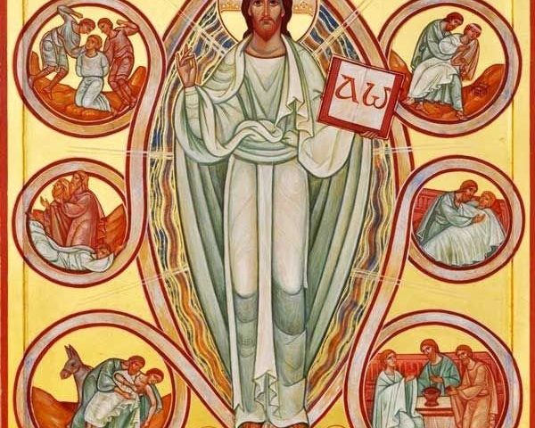 Jesus está em pé, pintura oriental. Com uma túnica branca e dois anjos aos seus pés.